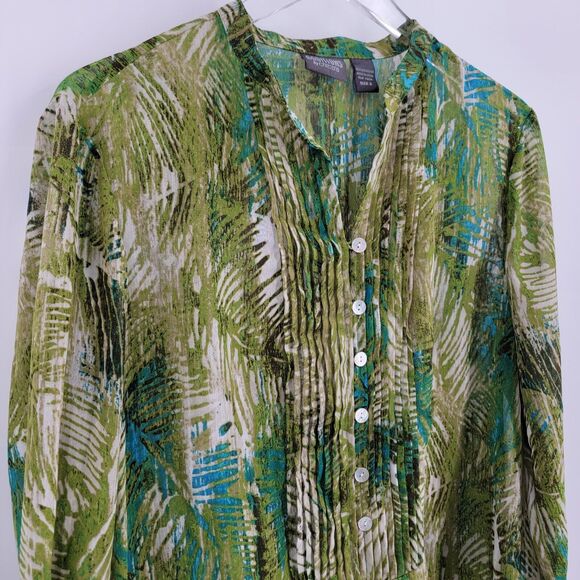 Chico's Additions Blouse Women's Large Leaf Botanical Print Semi Sheer Green - Picture 8 of 11